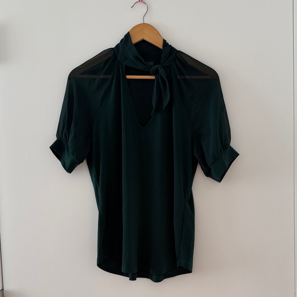 Dark Green Professional Shirt With Sheer Capped Sleeves and Ascot